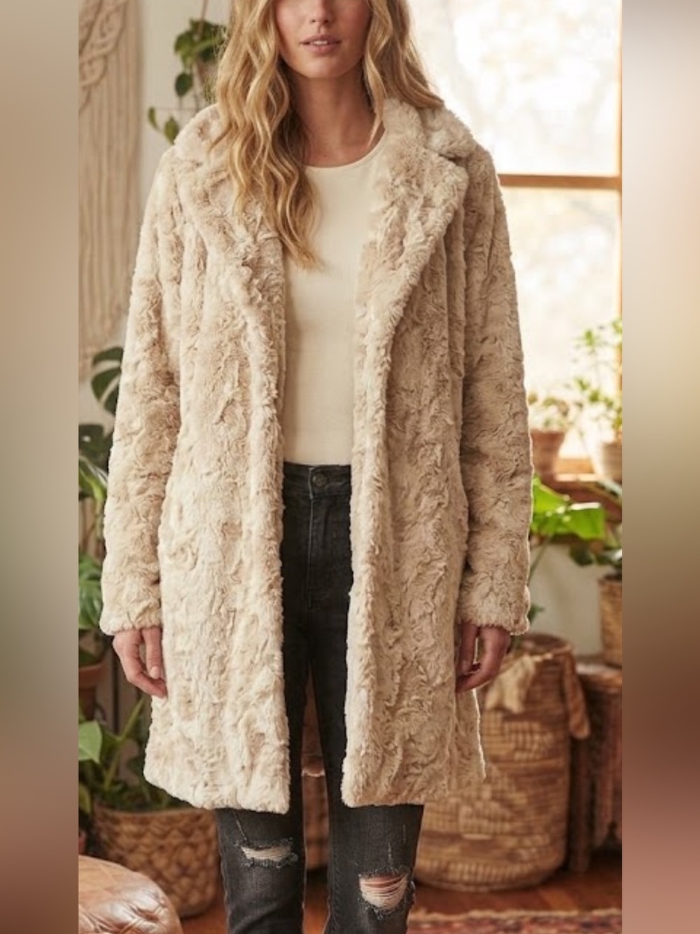 Georgie Cream Teddy Faux Fur Jacket Cozy Classic Minimalist Sz S
